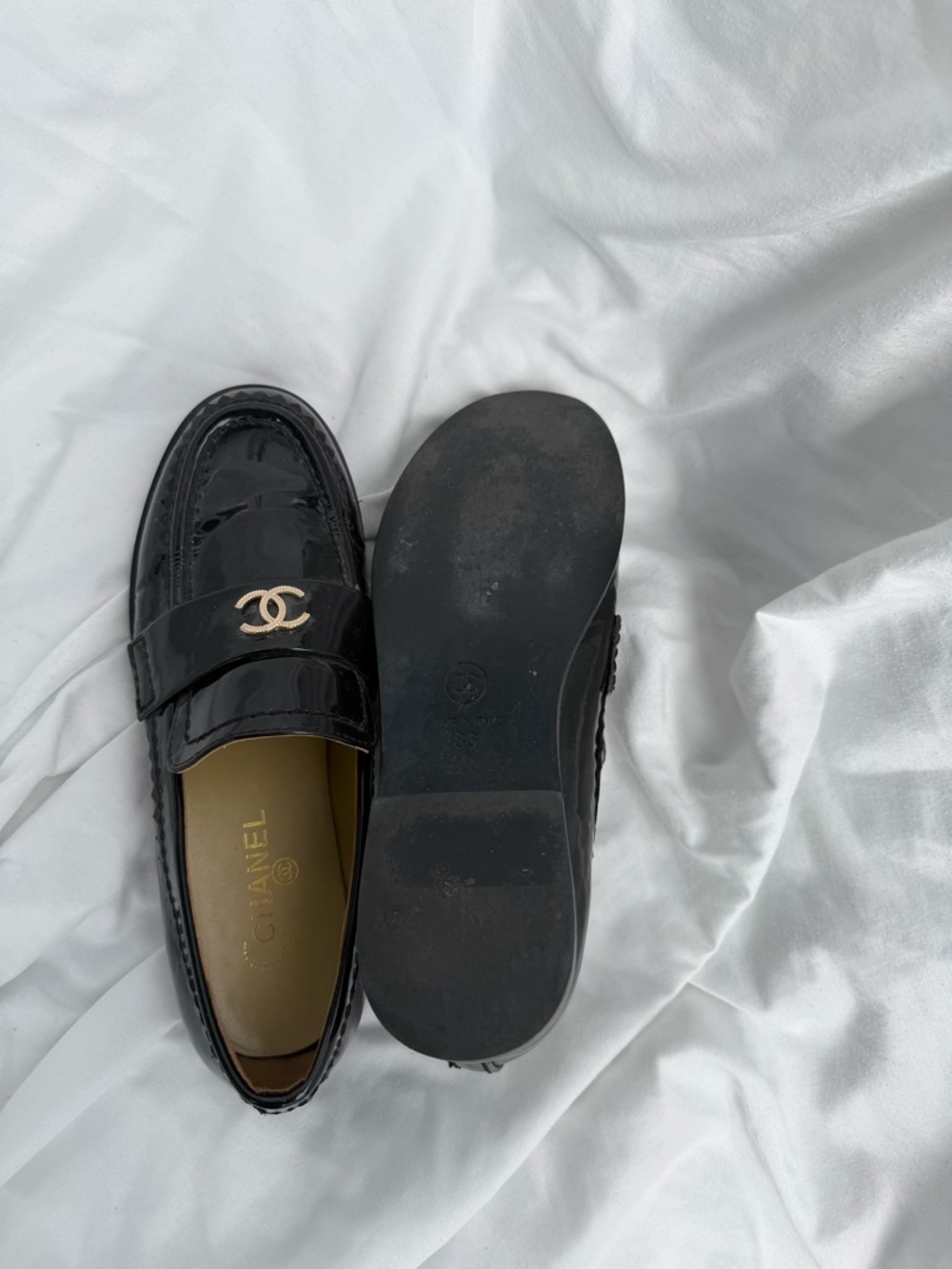 CHANEL Black Patent Leather Loafers with Gold CC Hardware - Picture 5 of 5